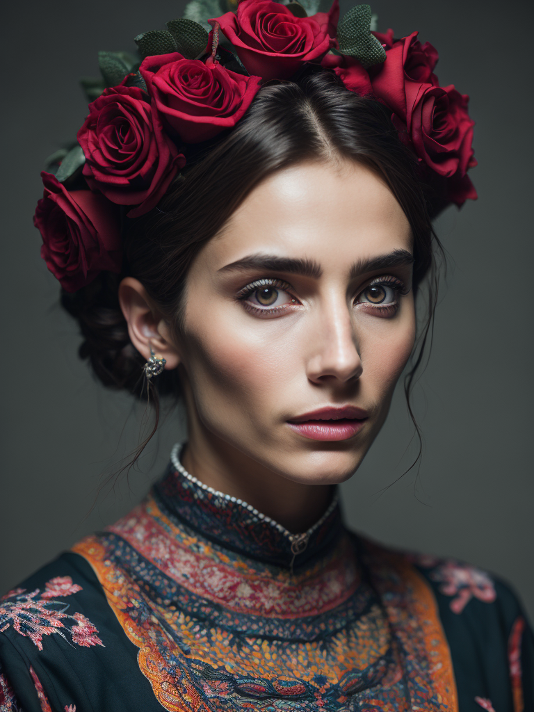 Portrait of a traditional Bulgarian woman wearing traditional costume with roses on her head, bright and saturated colors, elegant, highly detailed, vogue, fashion magazine, sharp focus, bright expressive makeup, dramatic Lighting, depth of field, incredibly high detailed, blurred background, professional digital painting, concept art