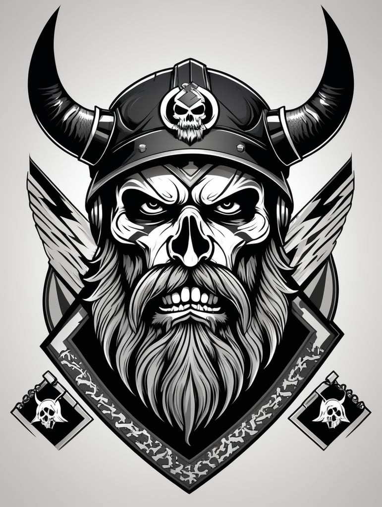 Aggressive Viking with beard skull military chevron logo, black and white, war Logo, vector image