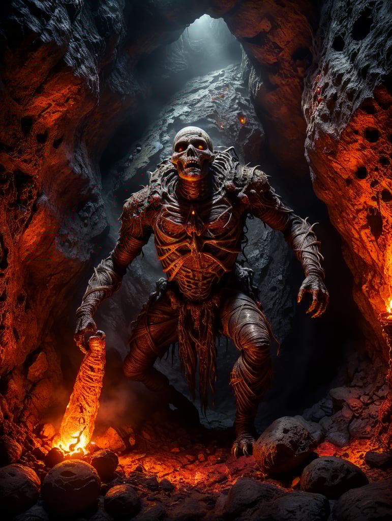 a realistic photo of a Halloween mummy in a cave with lava and spiders and snakes hanging from the walls of the cave.