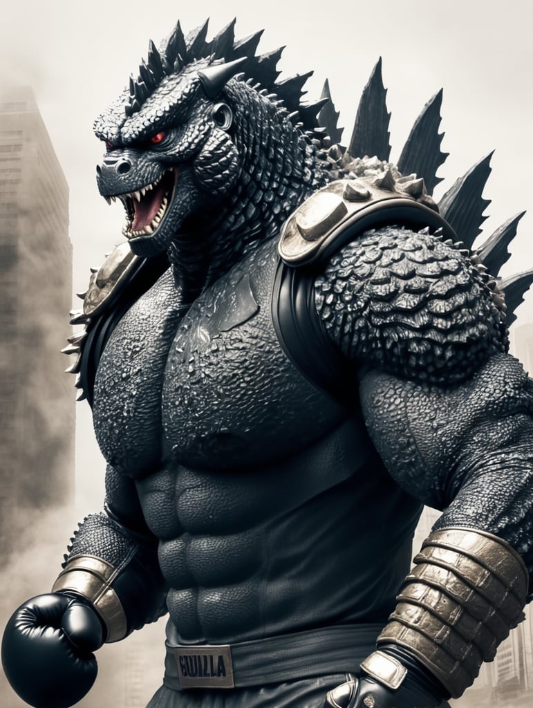 godzilla with abs sweating wearing boxing gloves