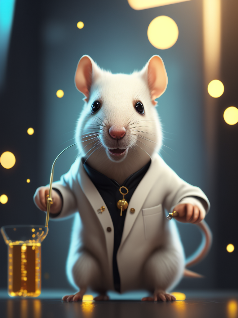 A 3d render of a cute fuzzy pet rat dressed in a white lab coat mixing test tubes of chemicals in a chemistry lab, bokeh, canon 50mm, cinematic lighting, volumetric light, octane, octane render, redshift render