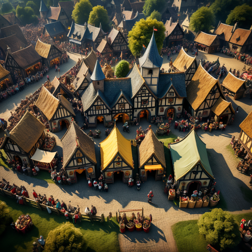 A medieval-inspired creative concept is depicted in a tilt-shift photograph capturing the joyful ambiance of a village fete and fair