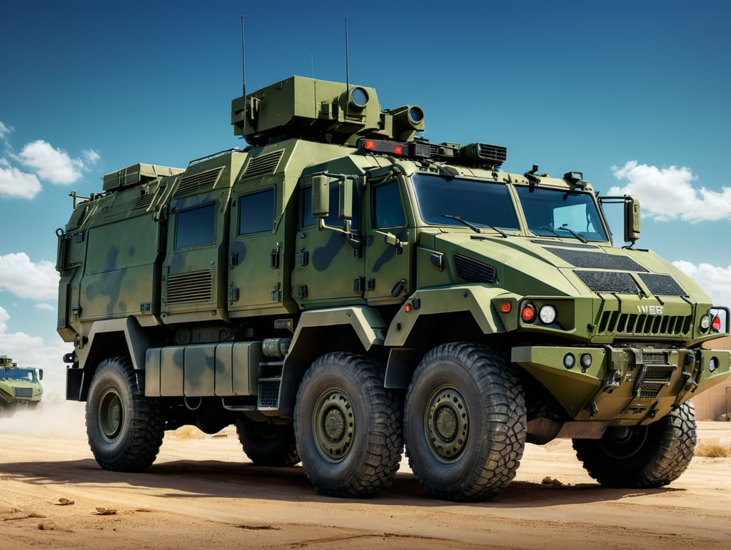 Army vehicle, MRAP, IVECO LMV, armygreen color, street, blue sky