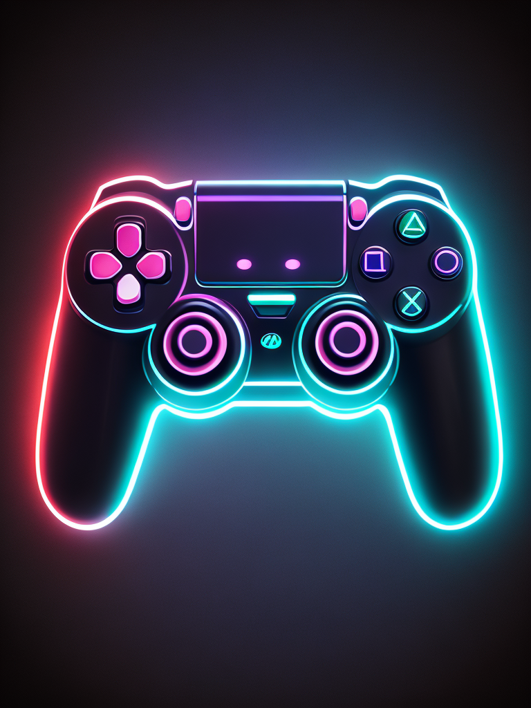 Design a futuristic, neon-colored gaming controller in the style of a playstation controller, glowing neon, semitransparent, deep vibrant colors, high details