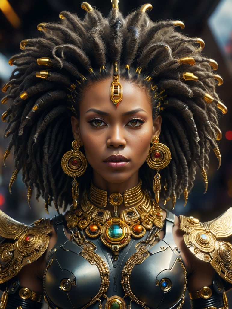 portrait of a woman, afro, demigod, god, with futuristic fashion clothes, dreadlocks and large gold earrings and necklaces.