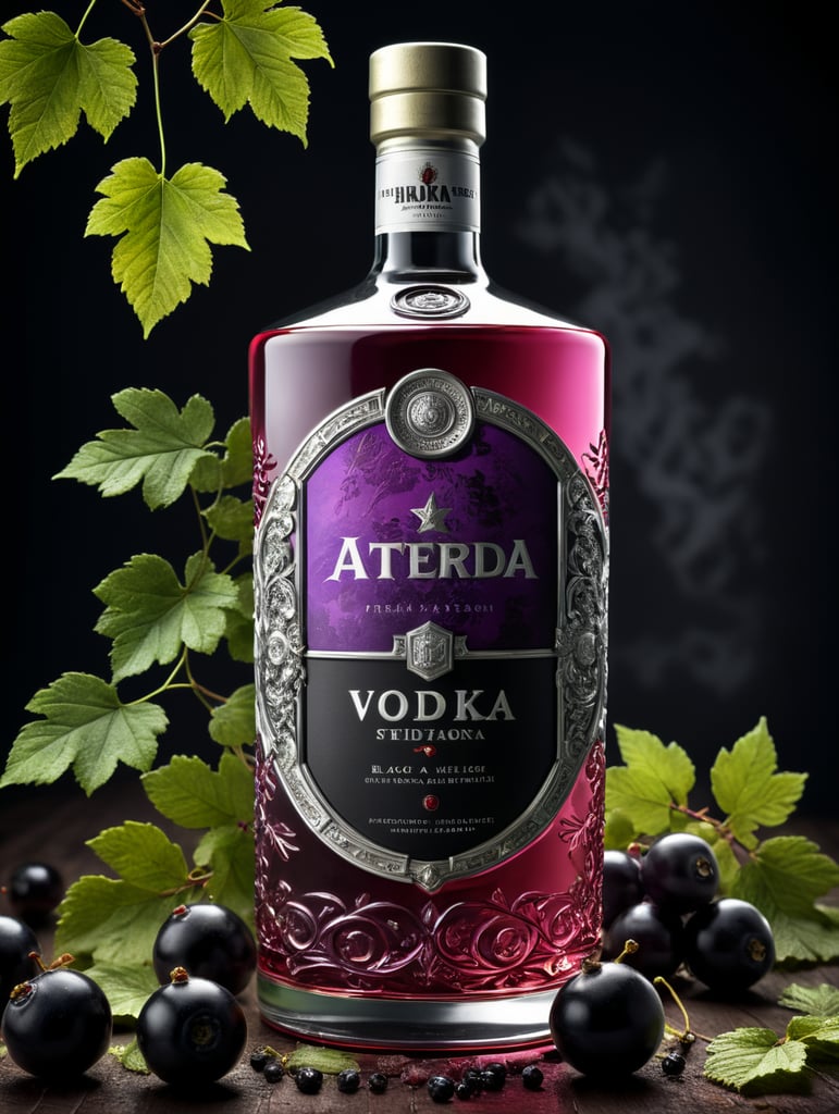 Packaging and branding for a vodka brand as if it had been designed by HI ESTUDIO with In a set design with bricks, black currant and dry leaves.