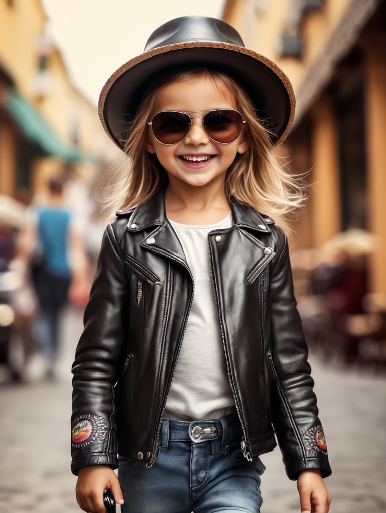 photo happy little girl going to travel, cute girl, leather jacket, straw hat, sunglasses, harpers bizarre, cover, headshot, hyper realistic