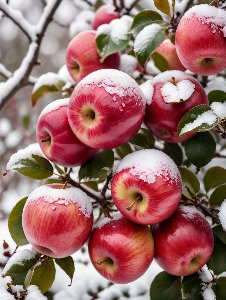 apples in the snow. Pink on white. Close-up. Sunny winter day