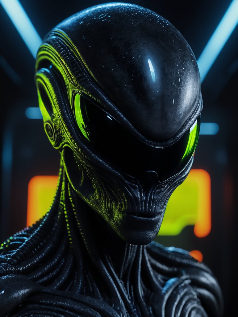 Alien made of black alien liquid, translucent with neon lights, liquid dripping, dark atmosphere