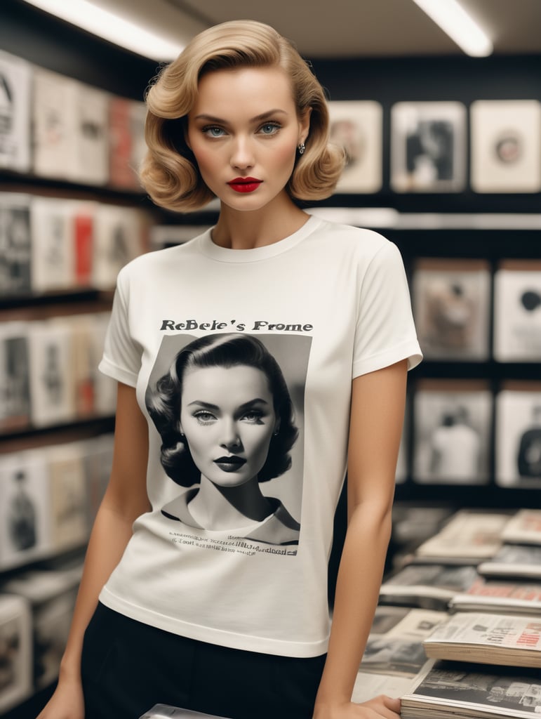 Extremely detailed photographic image, grained image, beautifully composed, monochrome image, 50's fashionable image, fashionable magazine photography, leica summicron 35mm f2.0, kodak 400tx, fashion photography, fashionable model, william s. burroughs, Woman wearing T-Shirt in Clothing Store Mockup