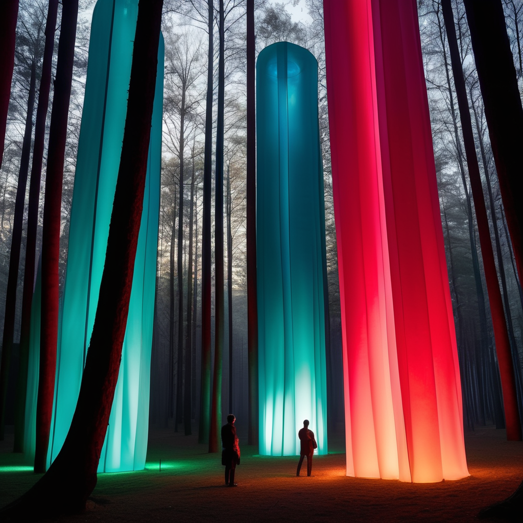 Esculturas de colores vibrantes muy altas hechas de látex y con luz inspiradas en la obra arquitectónica de Luis Barragán cubiertas con tela semitransparente en medio de un bosque muy obscuro