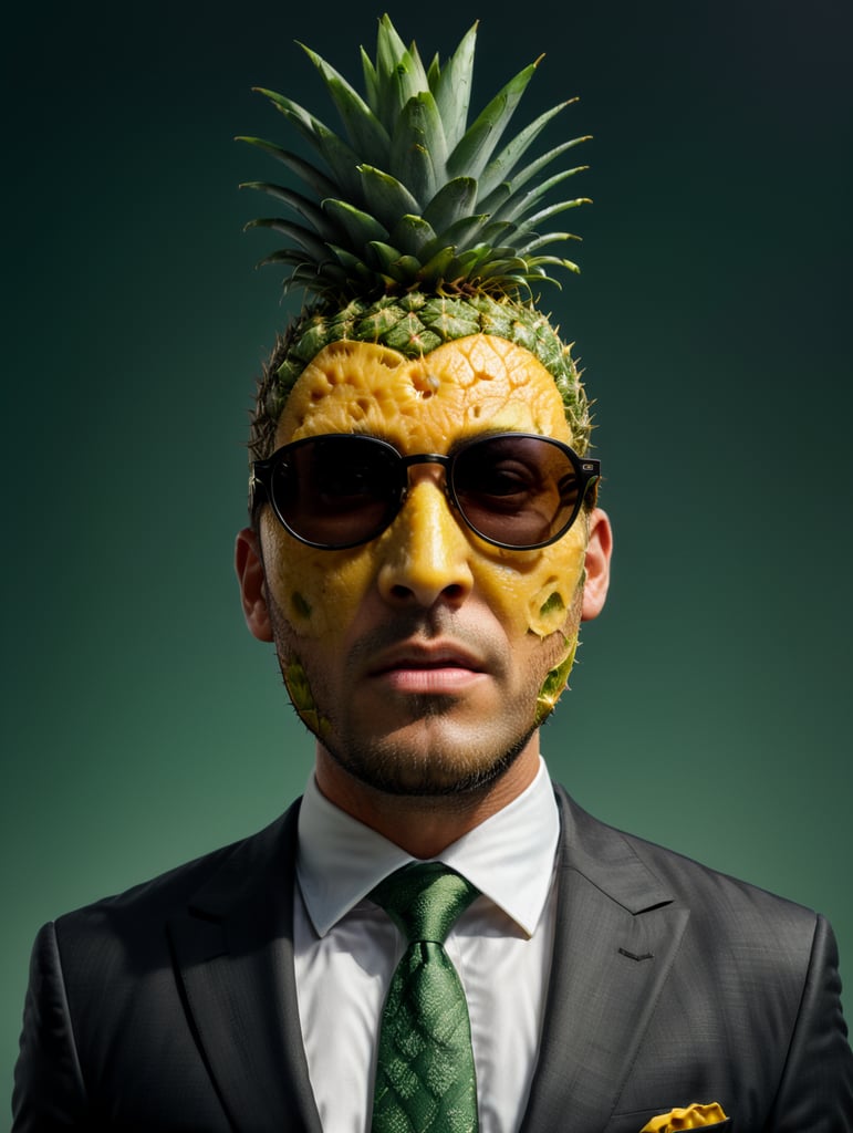 A man in a business suit with a pineapple for a head, green background, sunglasses, isolated