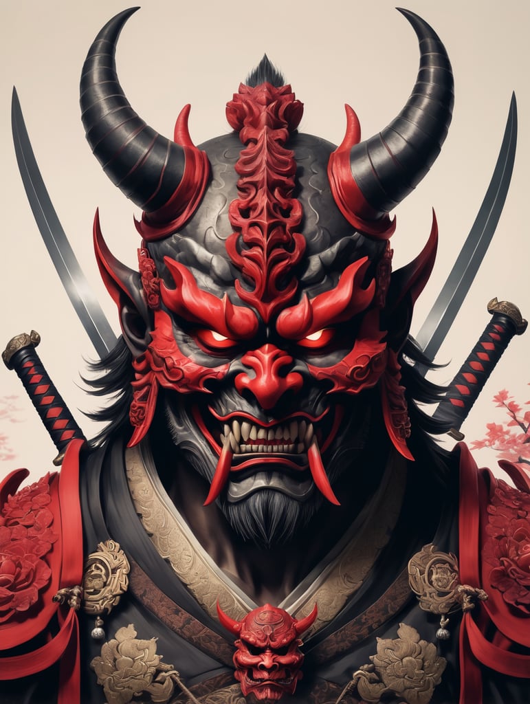 illustration of a demon with two swords and a skull, demon samurai mask, oni mask, villain wearing a red oni mask, samurai mask, samurai with demon mask, demon samurai, demon samurai warrior, oni horns, inspired by Ryūkōsai Jokei, japanese art style, inspired by Kawanabe Kyōsai, Mysterious