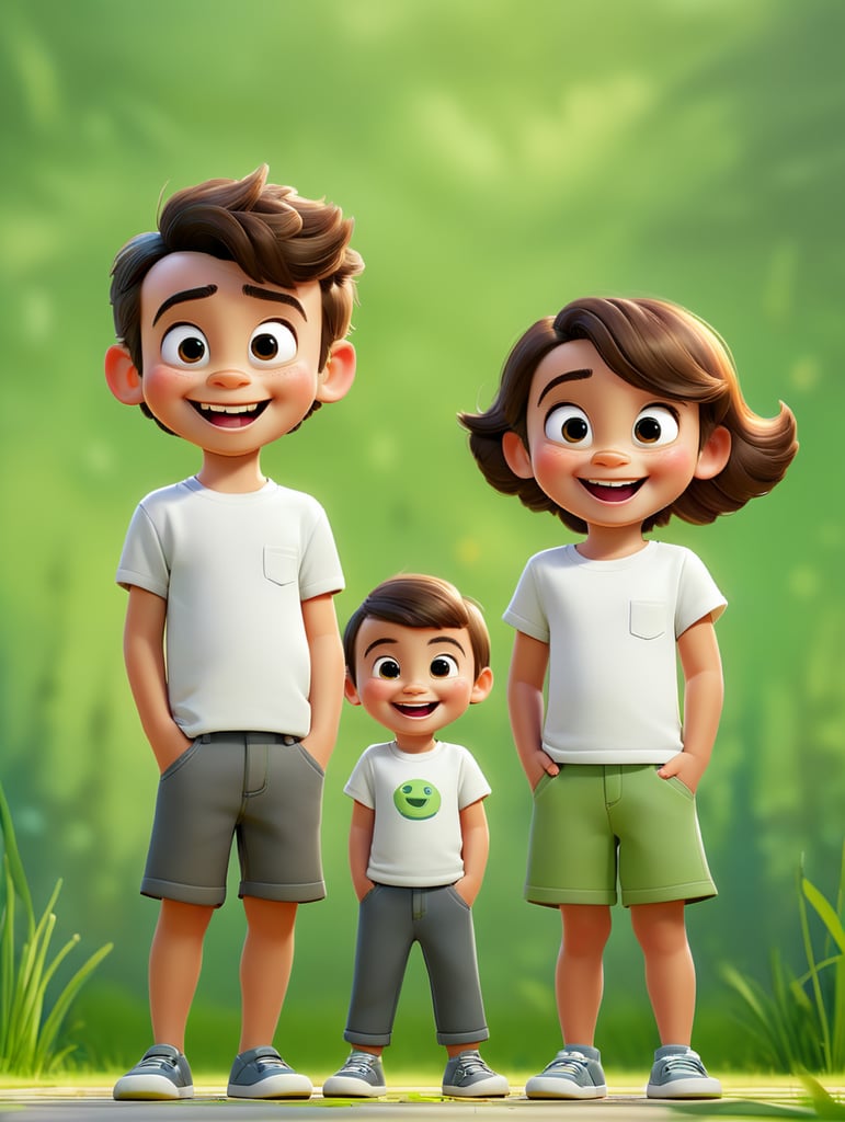 a Little boy and girl wearing white t-shirts, standing in front of green background, blank shirts no print, 3 years old smiling toddlers, photo for apparel mock-up