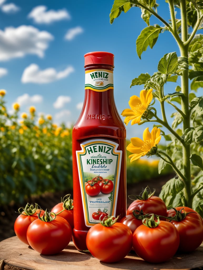 several red tomatoes stacked together forming a Heinz ketchup bottle with some leaves around it, beautiful tomato plantation in the background and a blue sky, short grass and yellow flower + yellow flowers + creamy light + ambient lighting + very beautiful colors