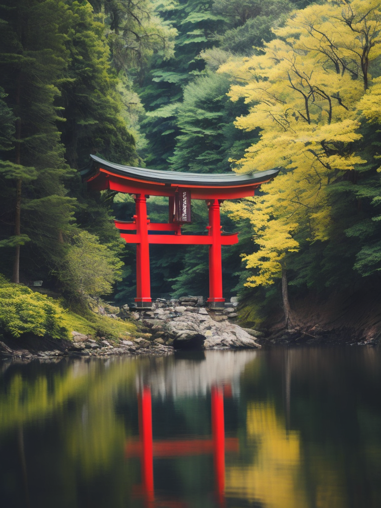 Red torii gate in middle of a lake, Dense forest on the edge of the lake, Bright and saturated colors, Japanese culture, photorealistic, contrast light