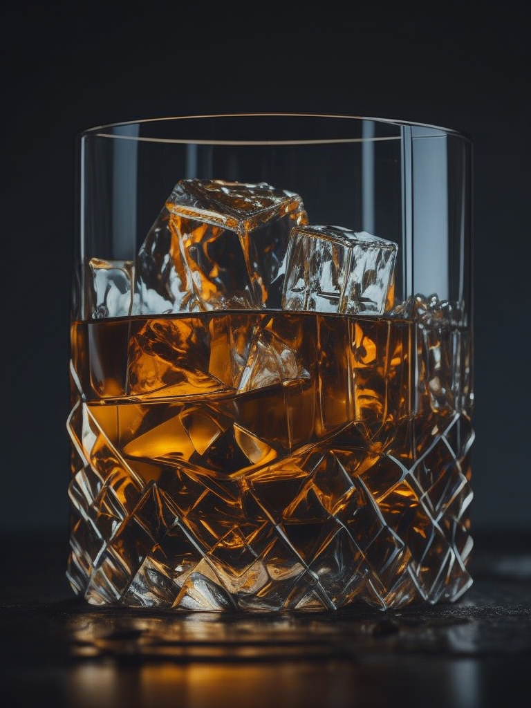 glass of whisky with ice cubes, dark atmosphere, professional photo, amber lights