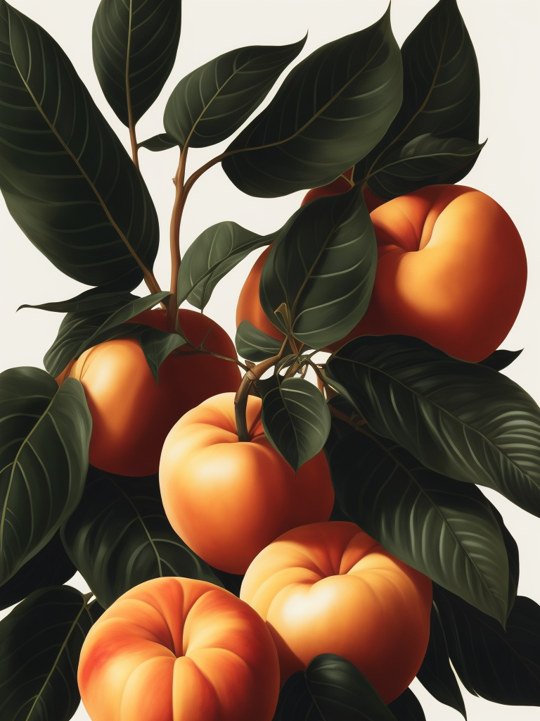 Peaches With Leaves, Flat, Tamara Lempicka, White Background, Art Deco, Photoillustration