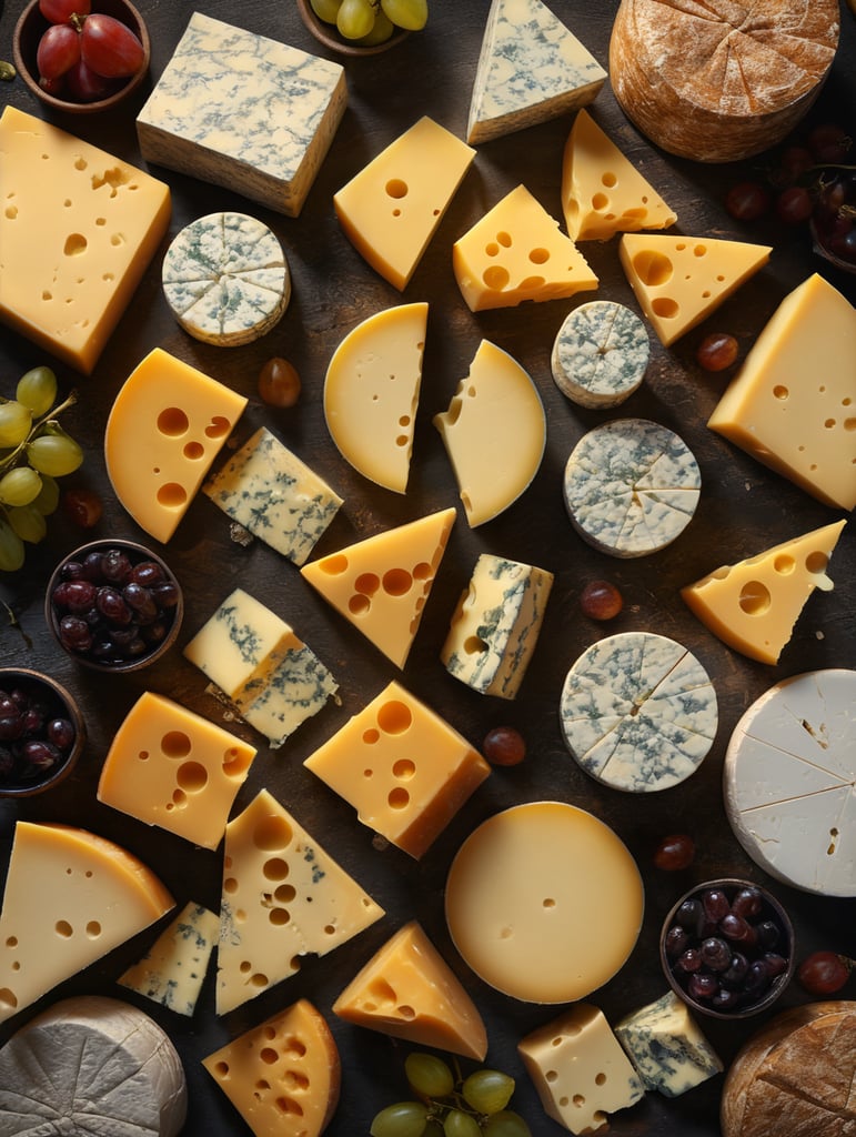 close up shot from above, delicious pieces of cheese