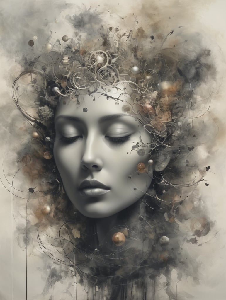 Whispers of the Mind: Depict a mind transitioning from the beauty of poetic thoughts to a chaotic delusion, using symbolic elements and abstract forms