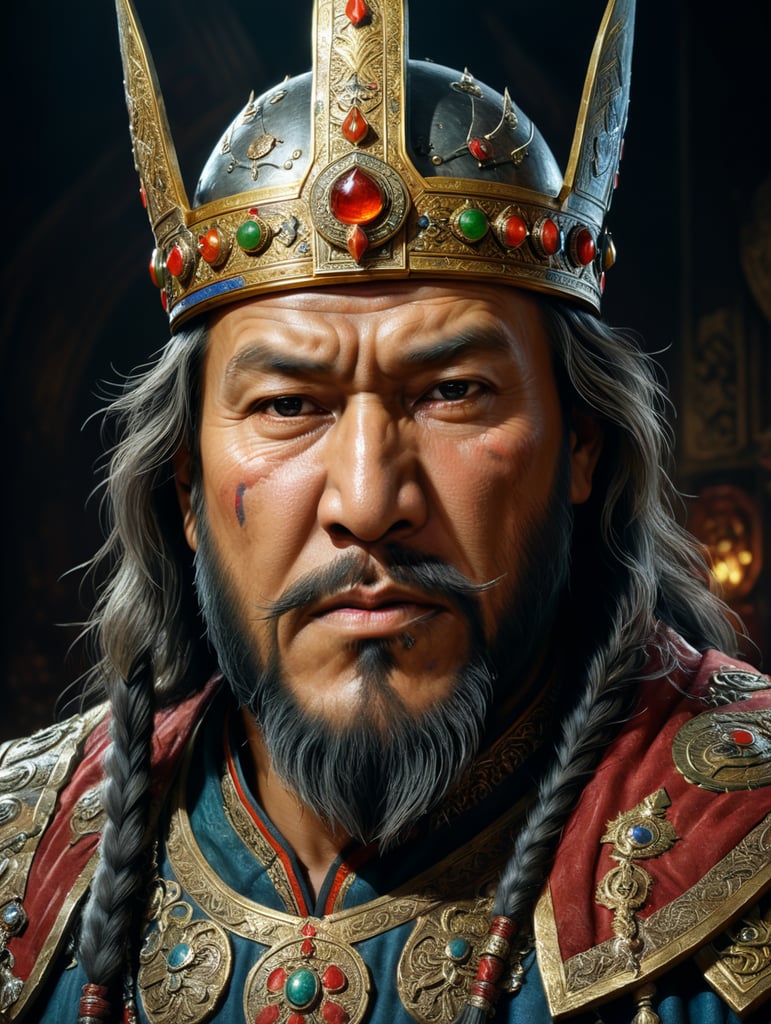 A realistic portrait of Gengis Khan with all of his described feactures in total accuracy