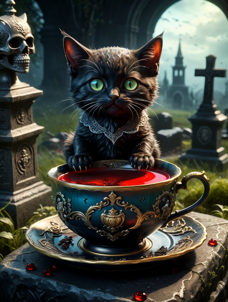 dark vintage horror szene bloody winged zombie kitten sitting inside of a teacup on a gravestone at a graveyard, cat inside a teacup, red and blue light, game art, bokeh, green, scary, sketch, centered,Artist Salvador Dali. trending on artstation, sharp focus, studio photo, intricate details, highly detailed, by greg rutkowski" by WETA FX and industrial light and magic, intricate elaborate RTX enhanced CGI render by artist "american romanticism" -dramatic "film noir"" surreal dark black hues, surreal bright black colours , surreal dark white background, detailed matte painting, deep color, fantastical, intricate detail, splash screen, complementary colors, fantasy concept art, 8k resolution trending on Artstation Unreal Engine 5