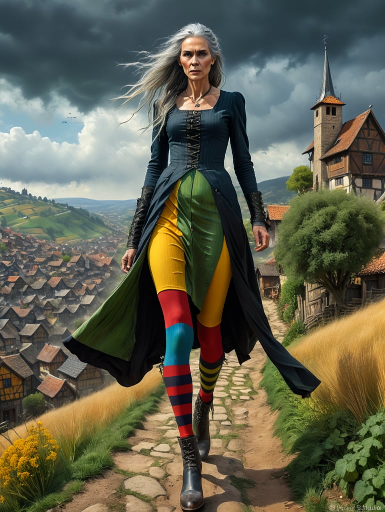 A very tall witch, very old and ugly, skinny with long lank grey hair, a long nose wearing a long grubby black dress scruffy and torn, down to her calves and buttoned up to her throat. She wears striped leggings, blue and green stripes on one leg, red and yellow on the other leg, glimpsed under her dress and black boots. Striding up a hill with a medieval village viewed in the valley below. Flocks of crows circling in the sky. Overcast sky, with dark clouds.