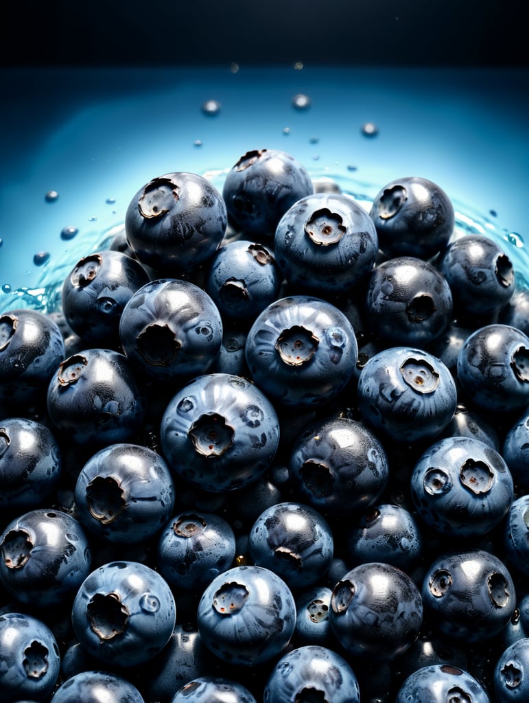only blueberries everywhere floating, mixed blue liquid, blue background, 4k photo-realistic