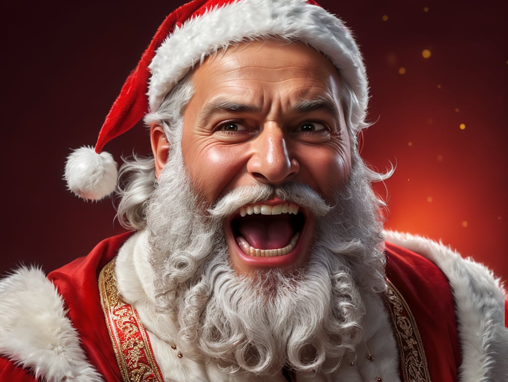 ultra handsome santa claus, white bearded man, middle eastern look, excited, happy, opening eyes and mouth, Bright red solid light color background, hairy chest, heavy beard