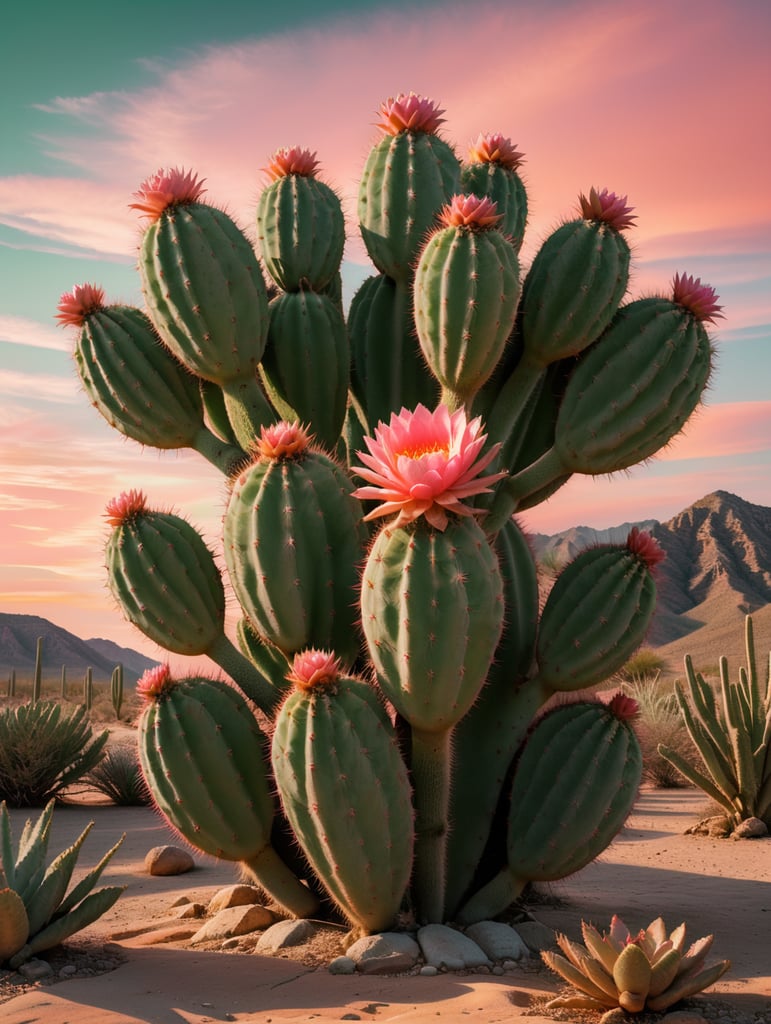 pink cactus in a green desert with an orange sky in the background, retro movie poster, highly detailed, 8k