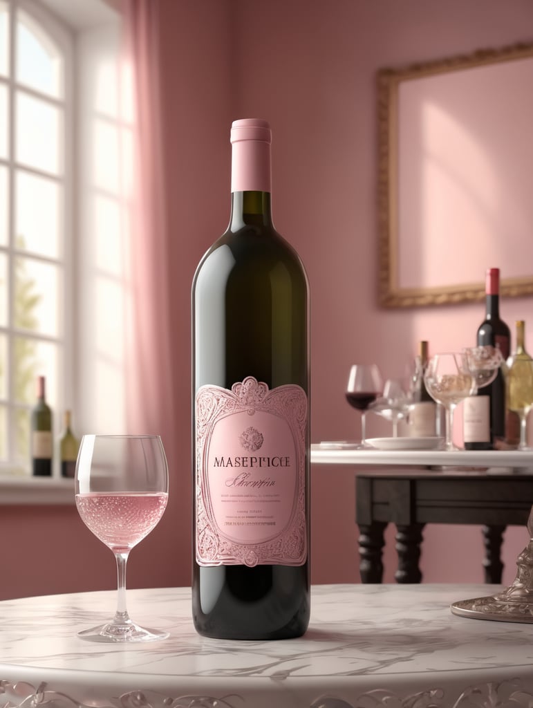 clear wine bottle on light pink background and white table
