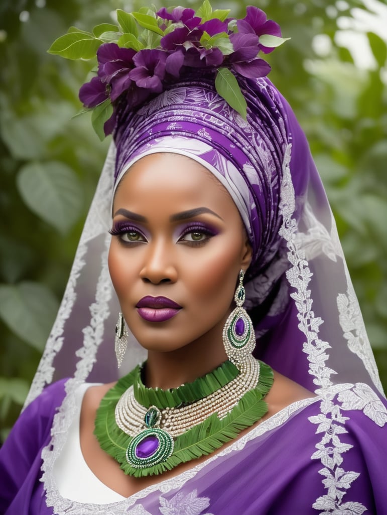 The Northern Star, Arewa. A northern woman from Nigeria with head gear popularly called Zarah Buhari, with a purple African print Bou bou mixed with green leaves. Very elegantly adorned with a veil on her neck, looking demure with kohl in her eyes