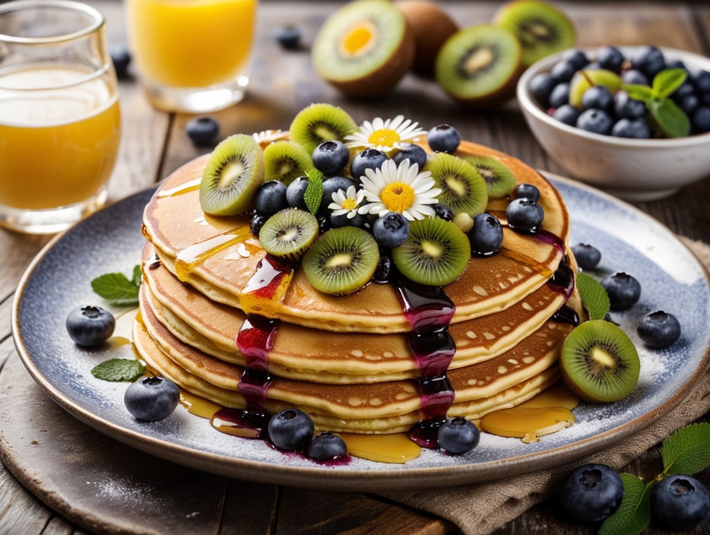 Wholesome Pancake Delight: A Vivid Culinary Masterpiece Pancakes with blueberry and kiwi decorated with chamomile flowers, bright atmosphere, Provence, Depth of field, Incredibly high detailed