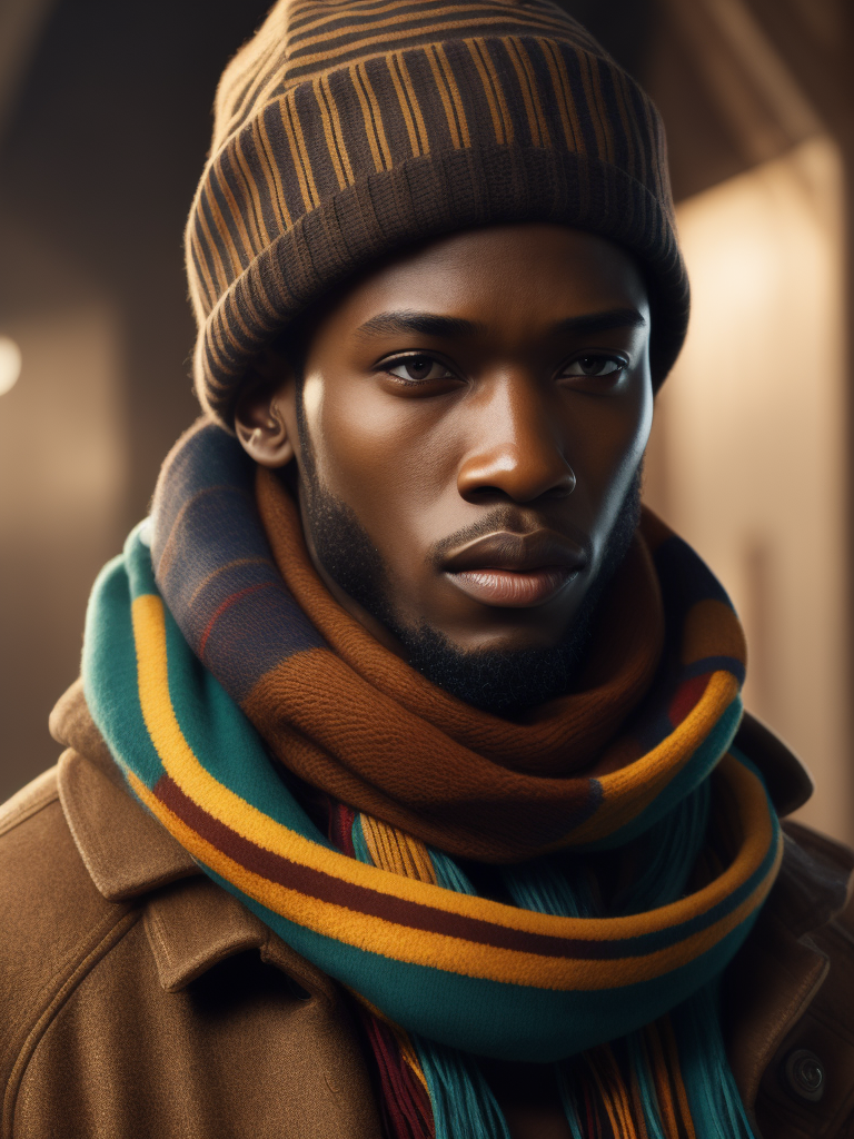 an african model wearing a brown beanie and a colorful scarf with "junk" written on it