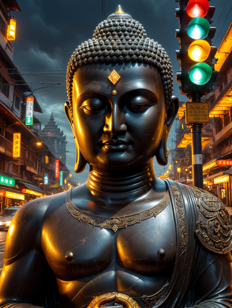 Create a statue of the Buddha sitting and in front of his eyes a traffic light in the foreground of the photo