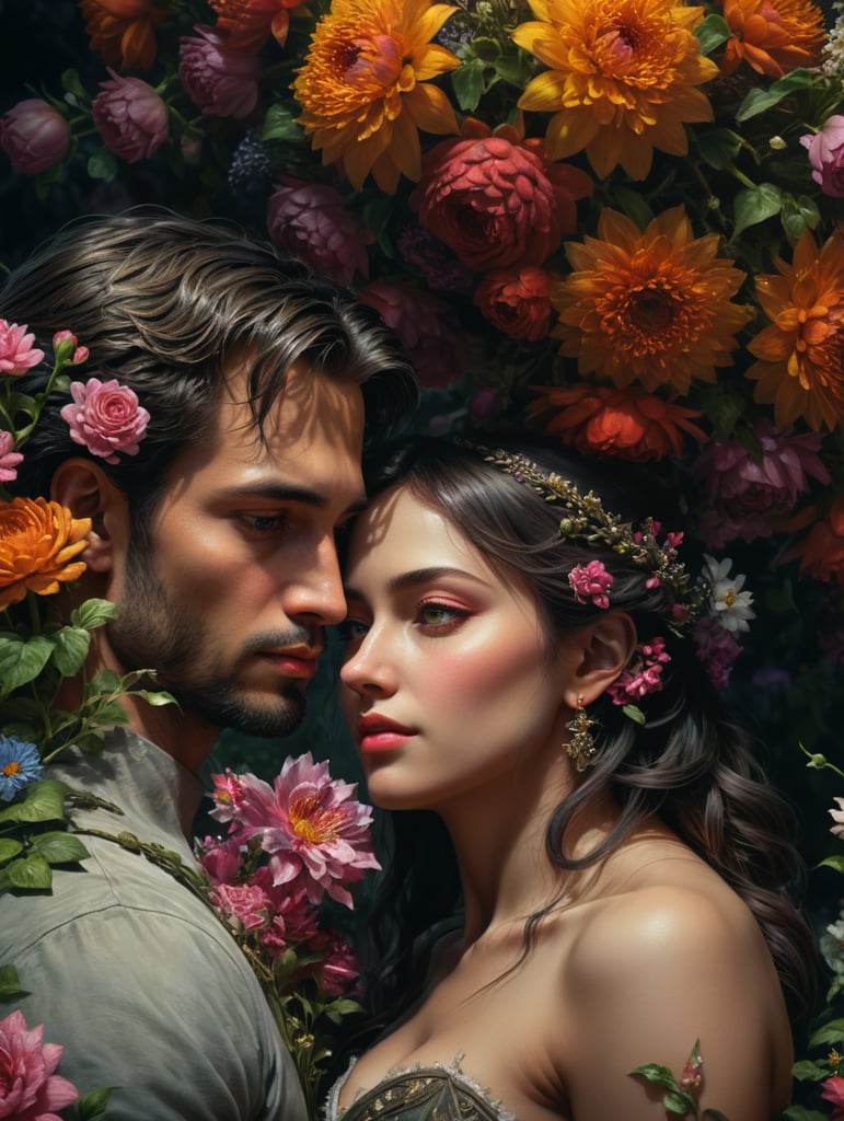Çok güzel çiçekler içinde birbirine aşık iki insan