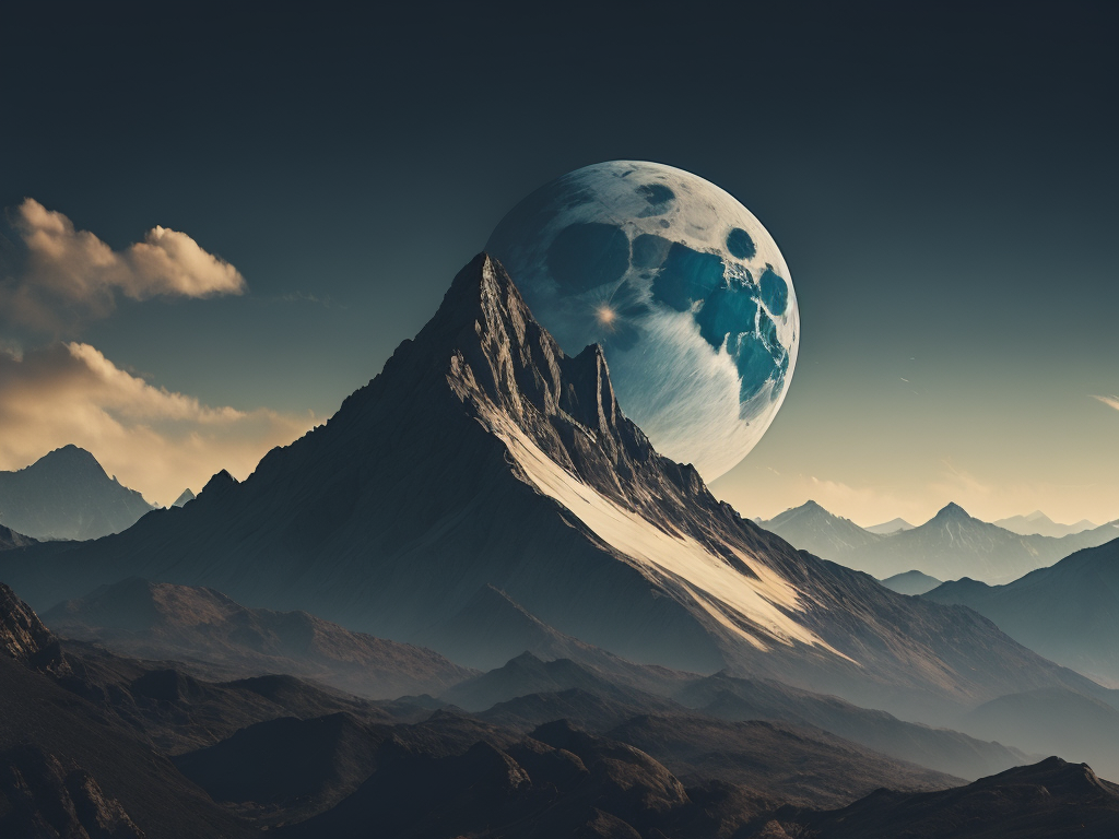 silver futuristic mountain with yellow sky and blue moon, art style, science fiction background