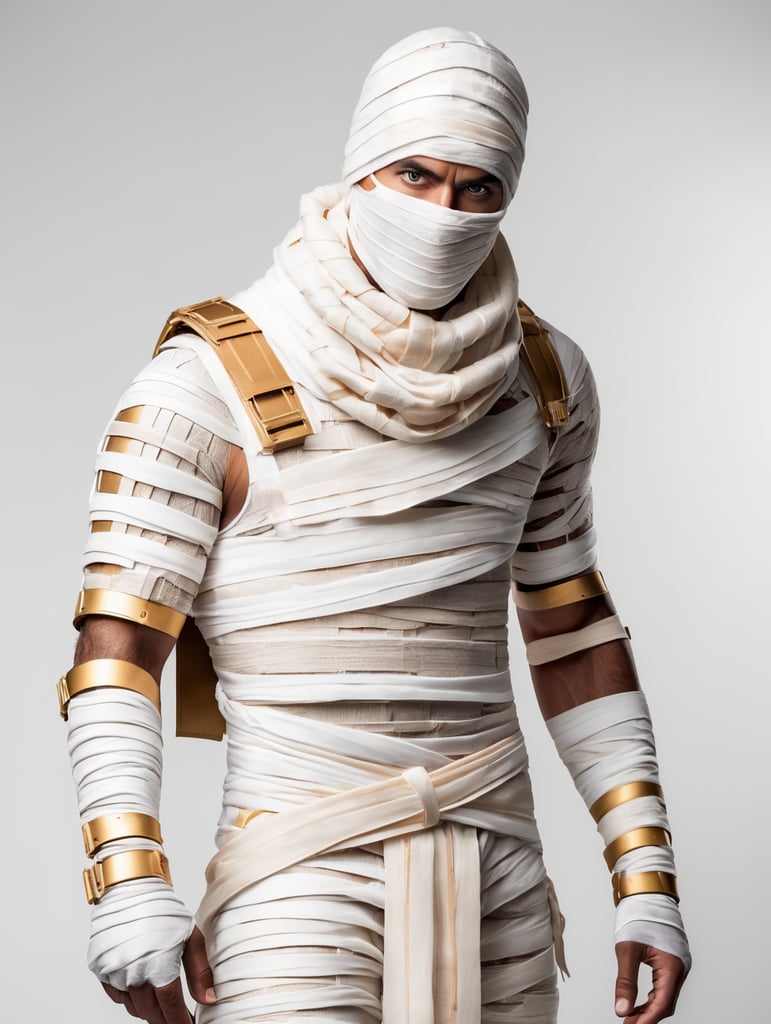 A photograph of mummy costume covered in bandages for a male character with fortnite style, halloween costume, white background, full body