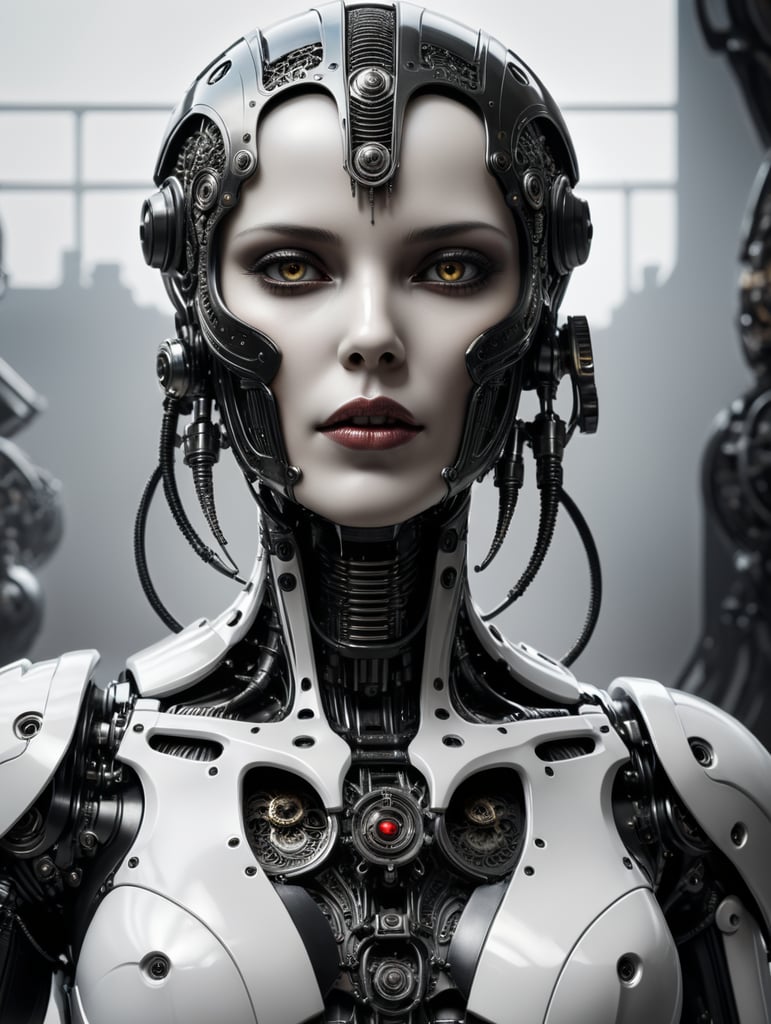 Female robot, Giger style, black and white, high contrast, metal face, many details, slim, stylized body