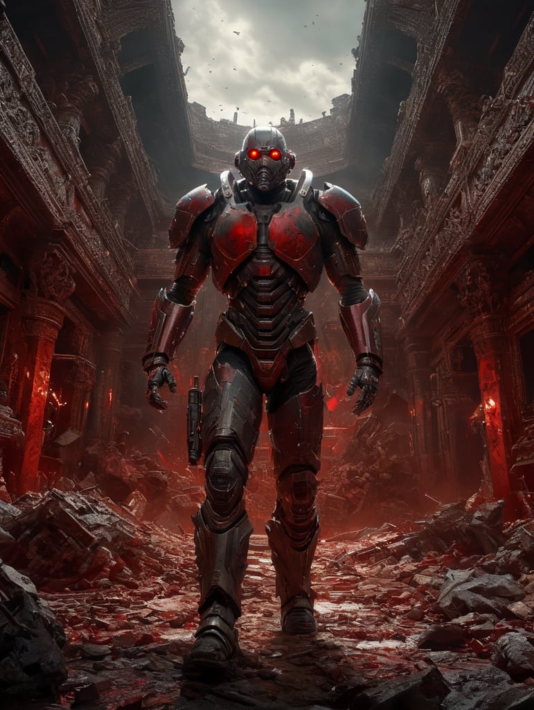 Generate an Ultra HD image of the last person on Earth in a wide-angle view, set against a dark and red-themed background