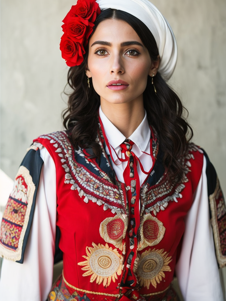 Portrait of a traditional Bulgarian woman wearing traditional costume with roses on her head, bright and saturated colors, elegant, highly detailed, vogue, fashion magazine, sharp focus, bright expressive makeup, dramatic Lighting, depth of field, incredibly high detailed, blurred background, professional digital painting, concept art