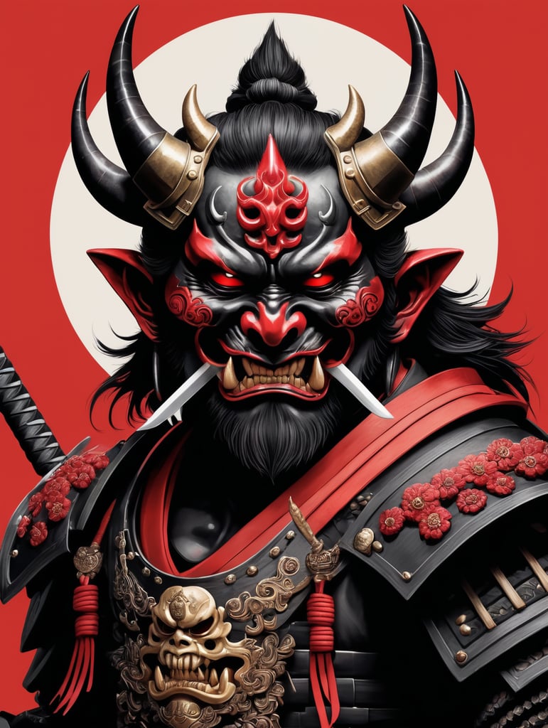 Illustration of a demon with two swords and a skull, demon samurai mask, oni mask, villain wearing a red oni mask, samurai mask, samurai with demon mask, demon samurai, demon samurai warrior, oni horns, inspired by ryūkōsai jokei, japanese art style, inspired by kawanabe kyōsai, mysterious, red and black