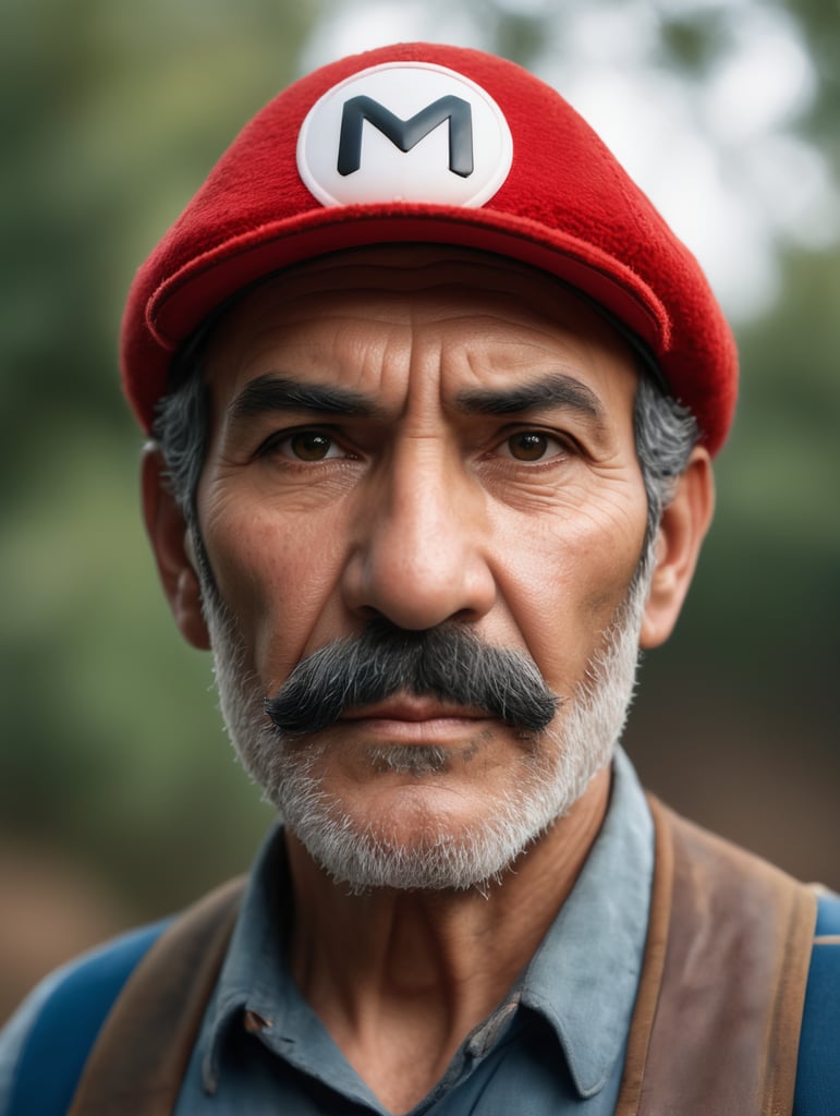RAW photo, portrait of an old Super Mario, highly detailed textures, tired, run down, deep skin pores, red Super Mario hat, perfect lighting, photorealism, photo realistic, hard focus, smooth, depth of field, 8K UHD, photo taken by a Sony Alpha 1 , 85mm lens, f 1. 4 aperture, 1 500 shutter speed, ISO 100 film, neutral colors, muted colors
