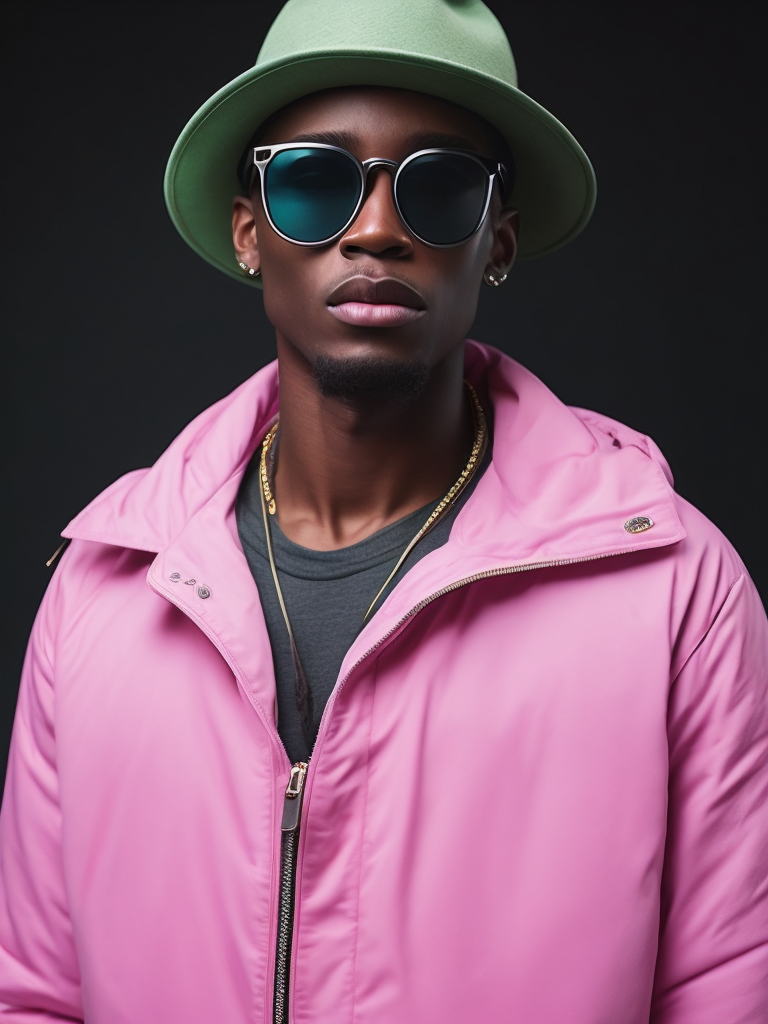 Black male fashion model, Wearing a pink jacket and a green panama hat, large black sunglasses, Black background, Bright and rich colors, bright saturated color, sharp focus,