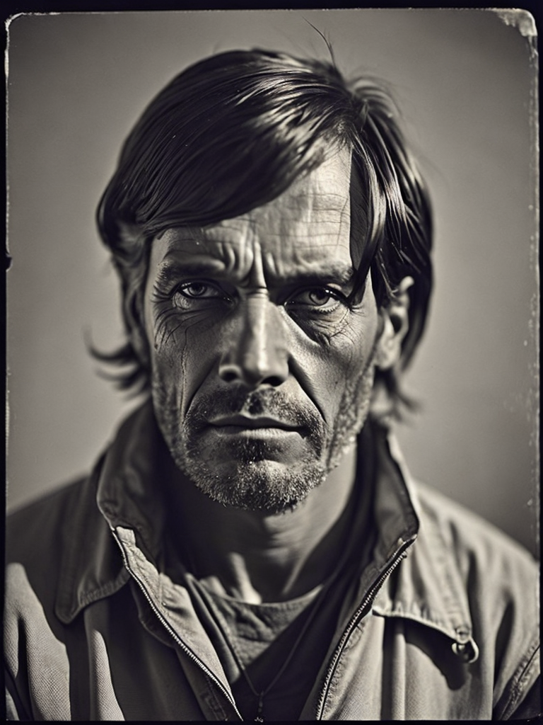 a wet plate photograph of a blind scary man farmer with dark bob haircut, neutral emotions on his face