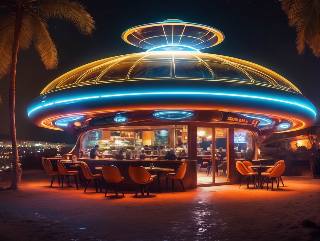 futuristic ufo cafe, mars, wasp shape, an night, neon, glass