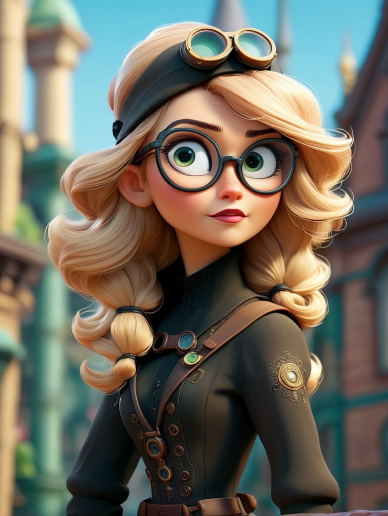 ((Masterpiece)), Photograph of a Steampunk Woman with glasses, Blonde hair, Adventurers outfit, (Hat with Goggles), Art Deco, style of Jules Vern, in a Victorian City, Extremely Detailed, Intricate