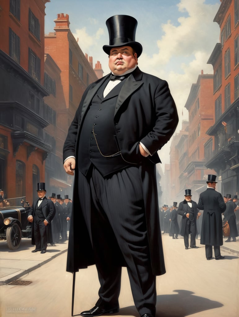 Portrait of a very rich obnoxious and polished fat businessman, wearing a black tailcoat and a black top hat, looking up with an arrogant look, standing in the middle of the street, early 19th century, style by Gil Elvgren