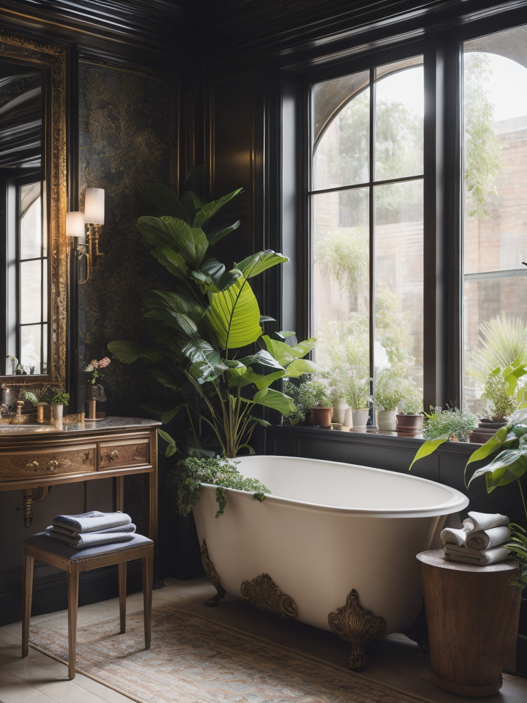 Architectural digest photo of a maximalist bathroom living room with lots of flowers and plants, golden light, award winning masterpiece with incredible details big windows, highly detailed, harper's bazaar art, fashion magazine, sharp focus