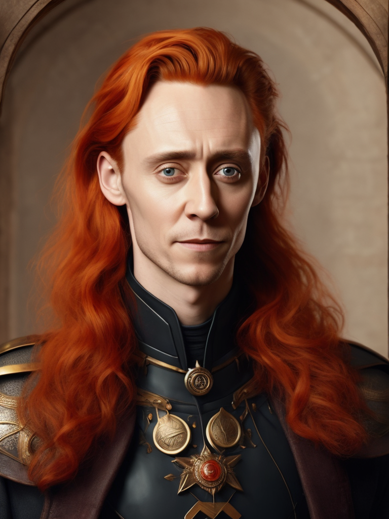 Portrait of Tom hiddleston with red hair in medieval style, detailed face, contrasting light